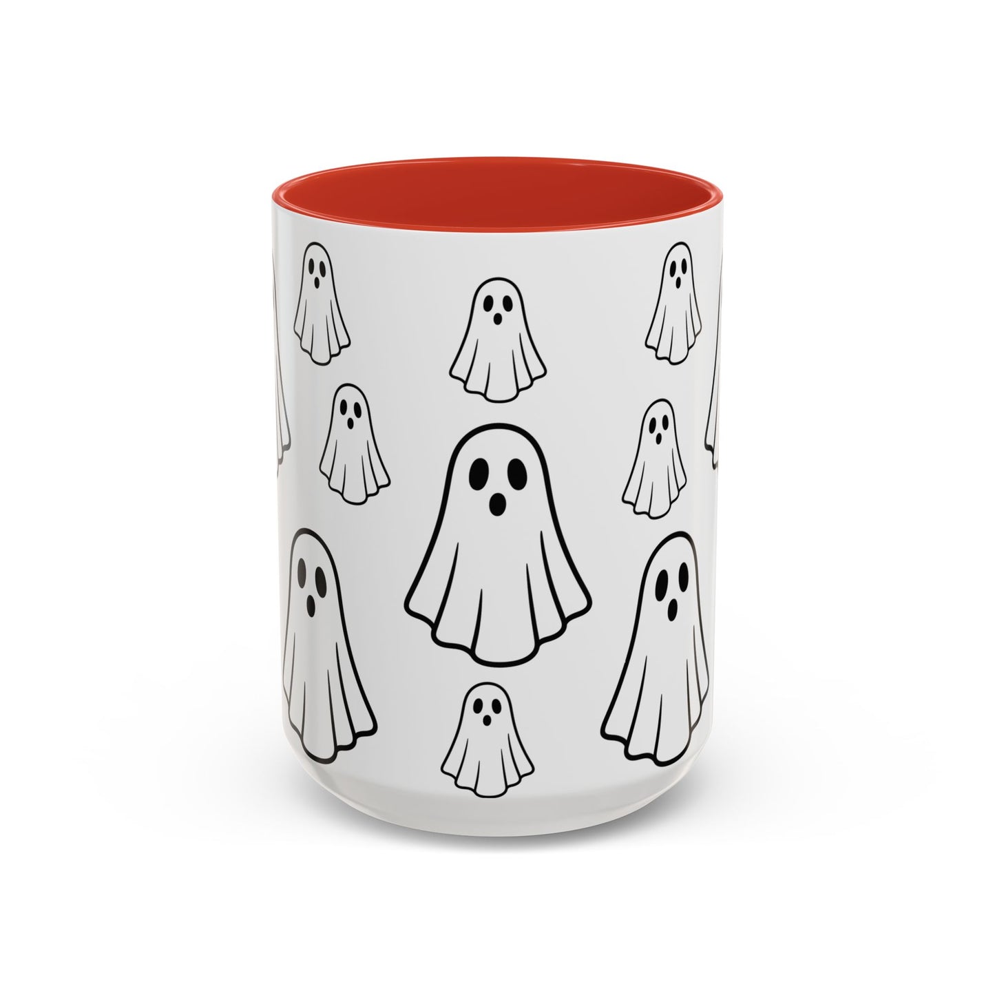 Ceramic coffee mug with ghost pattern and Halloween design, available in 11oz or 15oz sizes, by Printify.