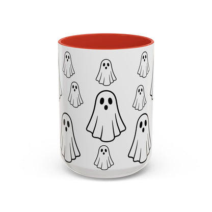 Ceramic coffee mug with ghost pattern and Halloween design, available in 11oz or 15oz sizes, by Printify.