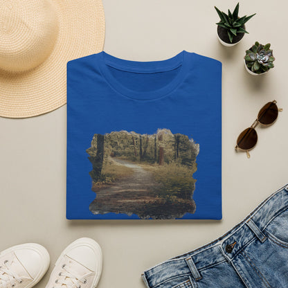 Vintage forest landscape T-shirt by Printify featuring a nature pathway design on a comfortable cotton tee.