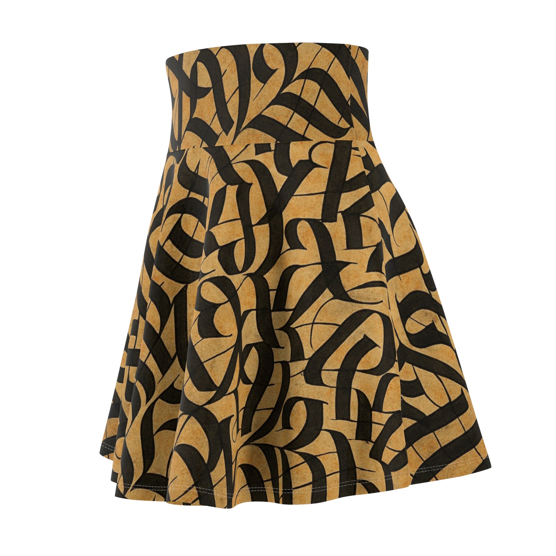 Gold and black calligraphy skater skirt with boho festival style print, featuring all-over design by Printify.