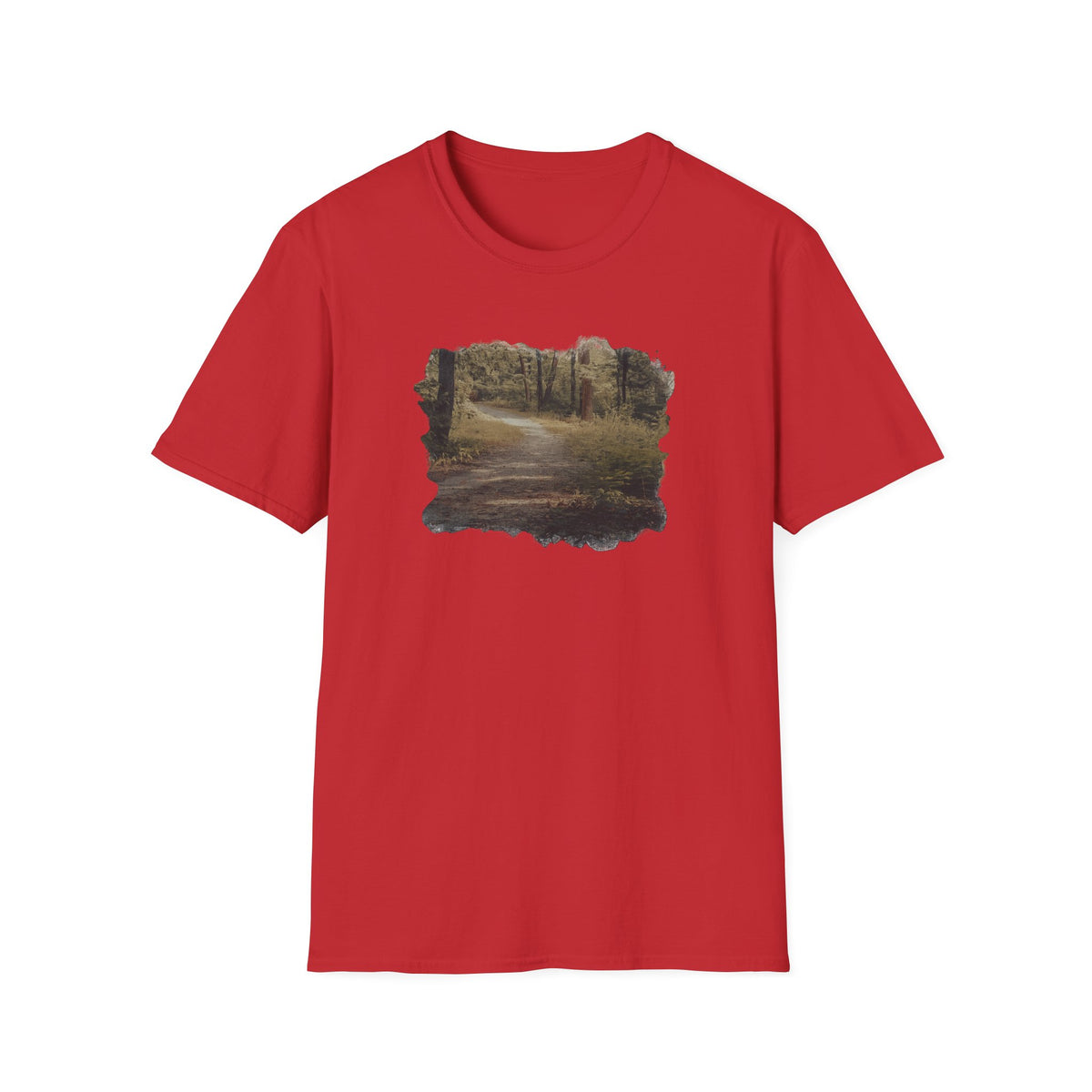 Vintage forest landscape T-shirt with nature pathway design by Printify, featuring detailed woodland scenery on soft fabric.