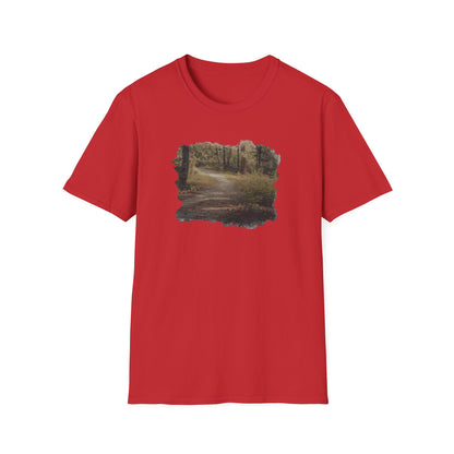 Vintage forest landscape T-shirt with nature pathway design by Printify, featuring detailed woodland scenery on soft fabric.