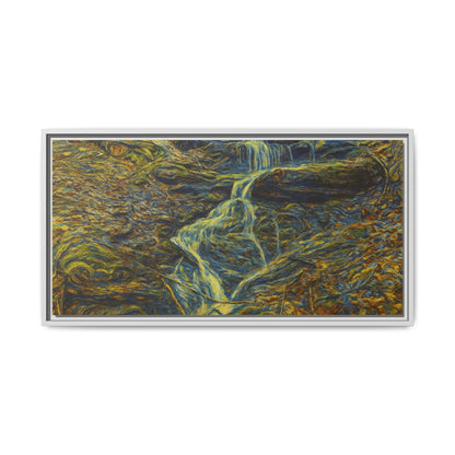Framed matte canvas wall art of a vibrant autumn forest with a waterfall, designed by Printify.