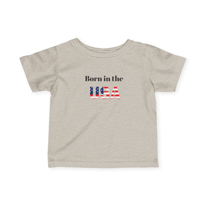 Infant baby T-shirt with "Born in the USA" patriotic design, kids clothes by Printify, featuring red, white, and blue colors.