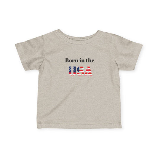 Infant baby T-shirt with "Born in the USA" patriotic design, kids clothes by Printify, featuring red, white, and blue colors.