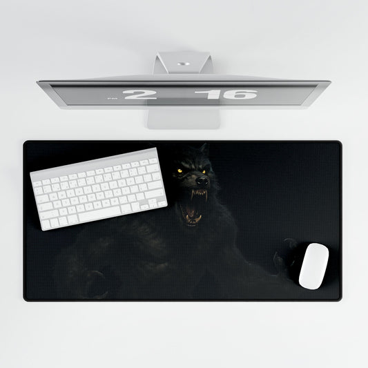 Werewolf gaming desk mat by Printify featuring dark horror design, ideal for PC gaming and office use, large and durable mouse pad.