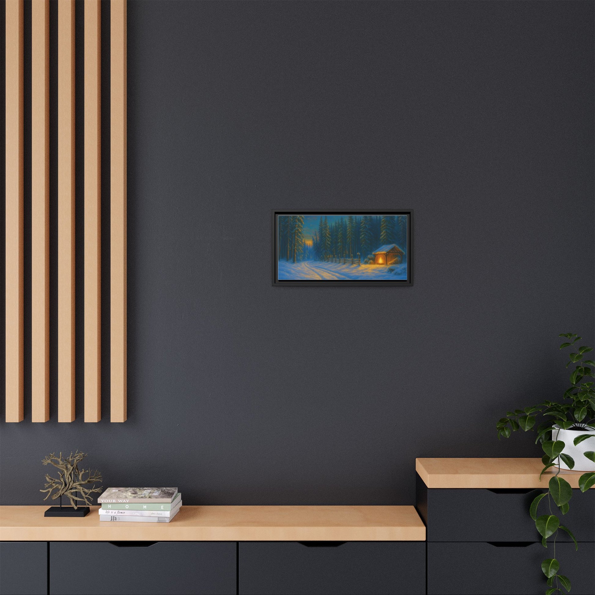 Cozy winter cabin matte framed canvas wall art featuring a snowy forest evening scene by Printify