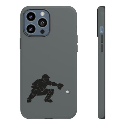 Printify baseball catcher phone case with tough, protective design for smartphones, featuring a sports-themed graphic in black and white.