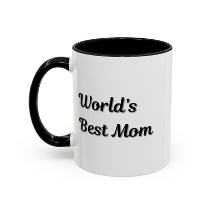 Black-trim ceramic coffee mug with "World's Best Mom" text, perfect for Mother's Day gift from Printify.