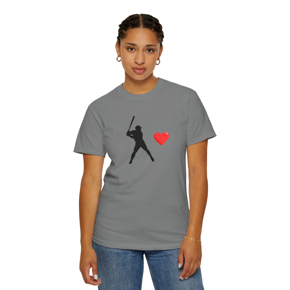 Printify baseball batter heart T-shirt featuring a graphic of a batter with a heart design on a casual cotton tee.