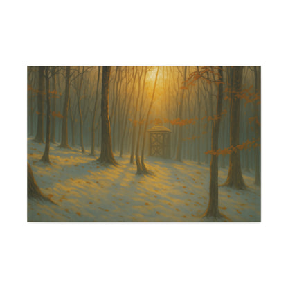 Matte stretched canvas print of misty forest and sunrise landscape by Printify, showcasing natural mountain scenery and trees.