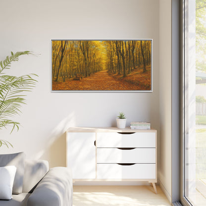 Autumn forest path matte canvas wall art by Printify featuring a scenic forest trail with fall foliage and a framed design.