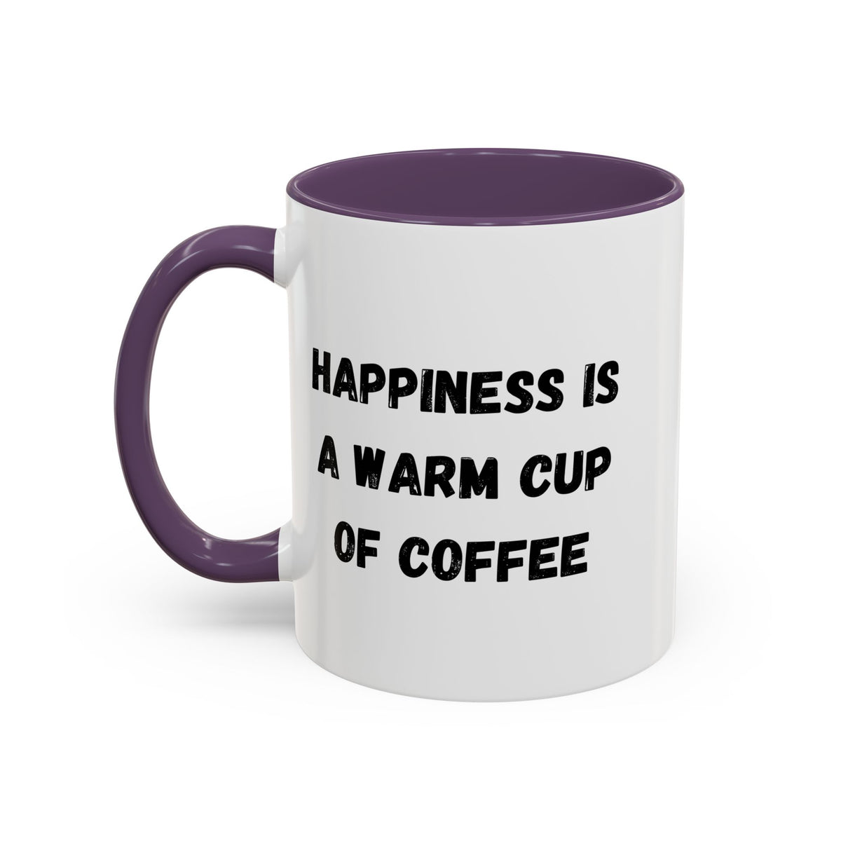 Ceramic coffee mug with "Happiness Is A Warm Cup Of Coffee" quote in black text on white background, Printify brand.