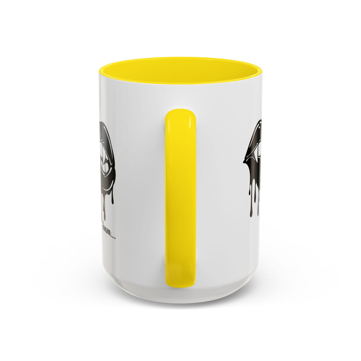 Black dripping lips accent coffee mug with bite graphic, 11oz or 15oz, featuring bold print design from Printify.