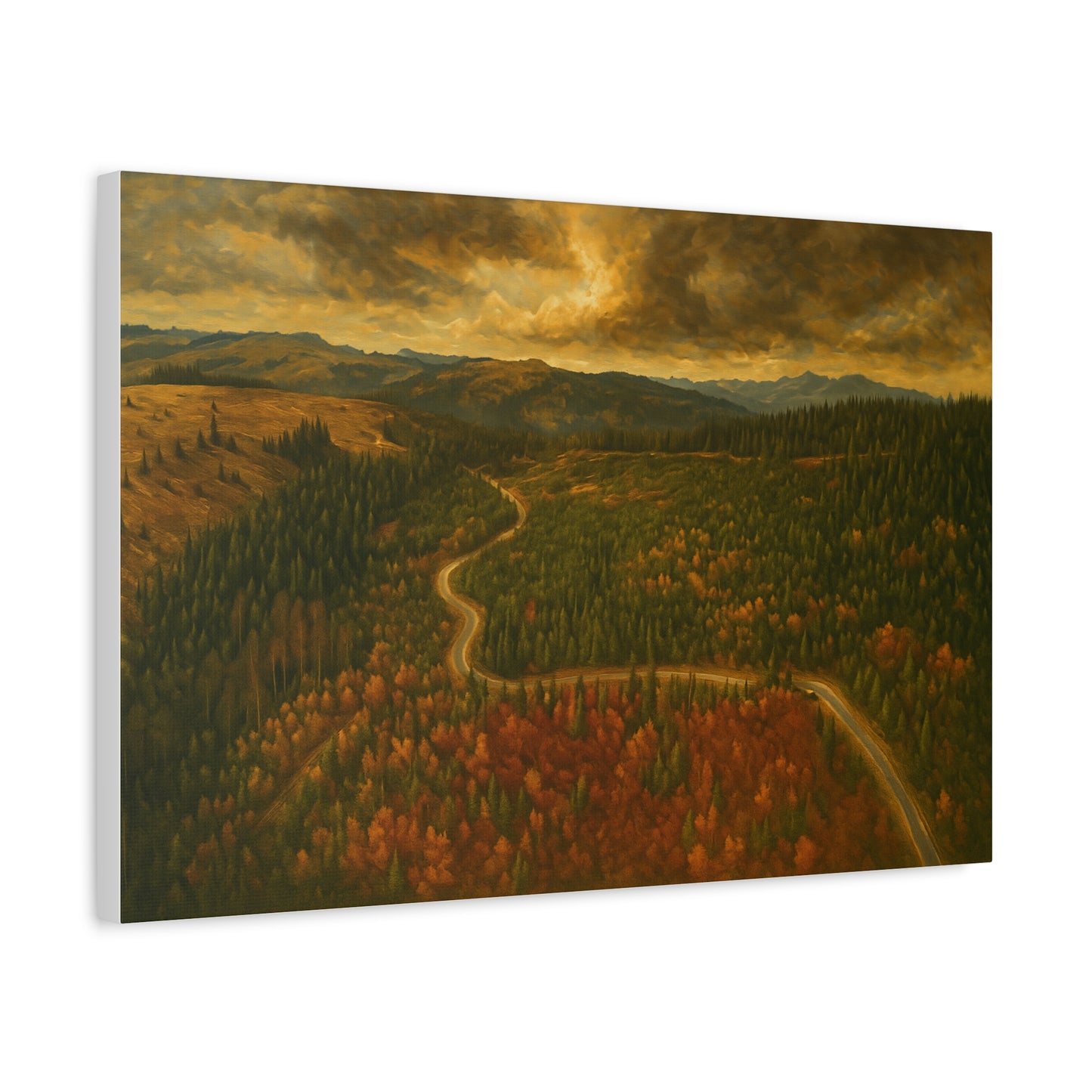 Autumn Ridge Road matte stretched canvas featuring a moody forest landscape wall art by Printify