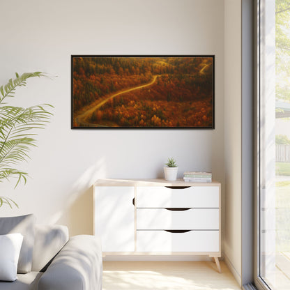 Framed matte canvas print of autumn forest road landscape wall art, featuring vibrant fall colors and natural scenery.