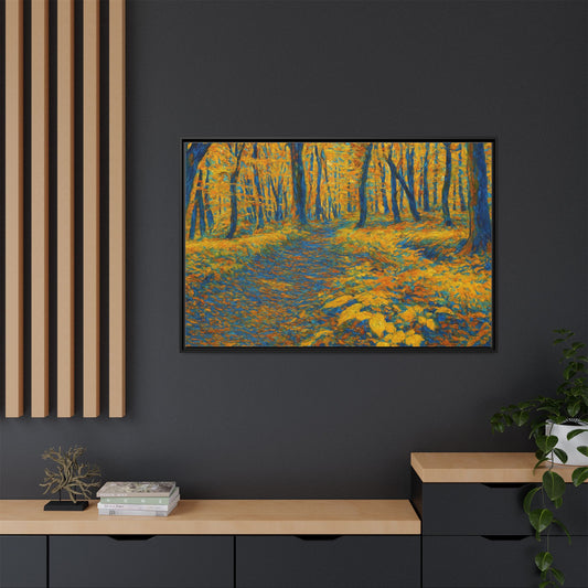 Framed matte canvas wall art of a golden autumn forest path, showcasing vibrant fall colors and natural woodland scenery.