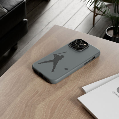 Black iPhone case with white baseball silhouette design, protective sporty Printify phone cover on a plain background.
