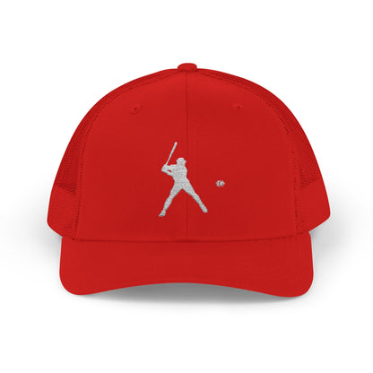 Vintage baseball snapback trucker cap with batter silhouette print, casual hat by Printify featuring adjustable brim and mesh back.