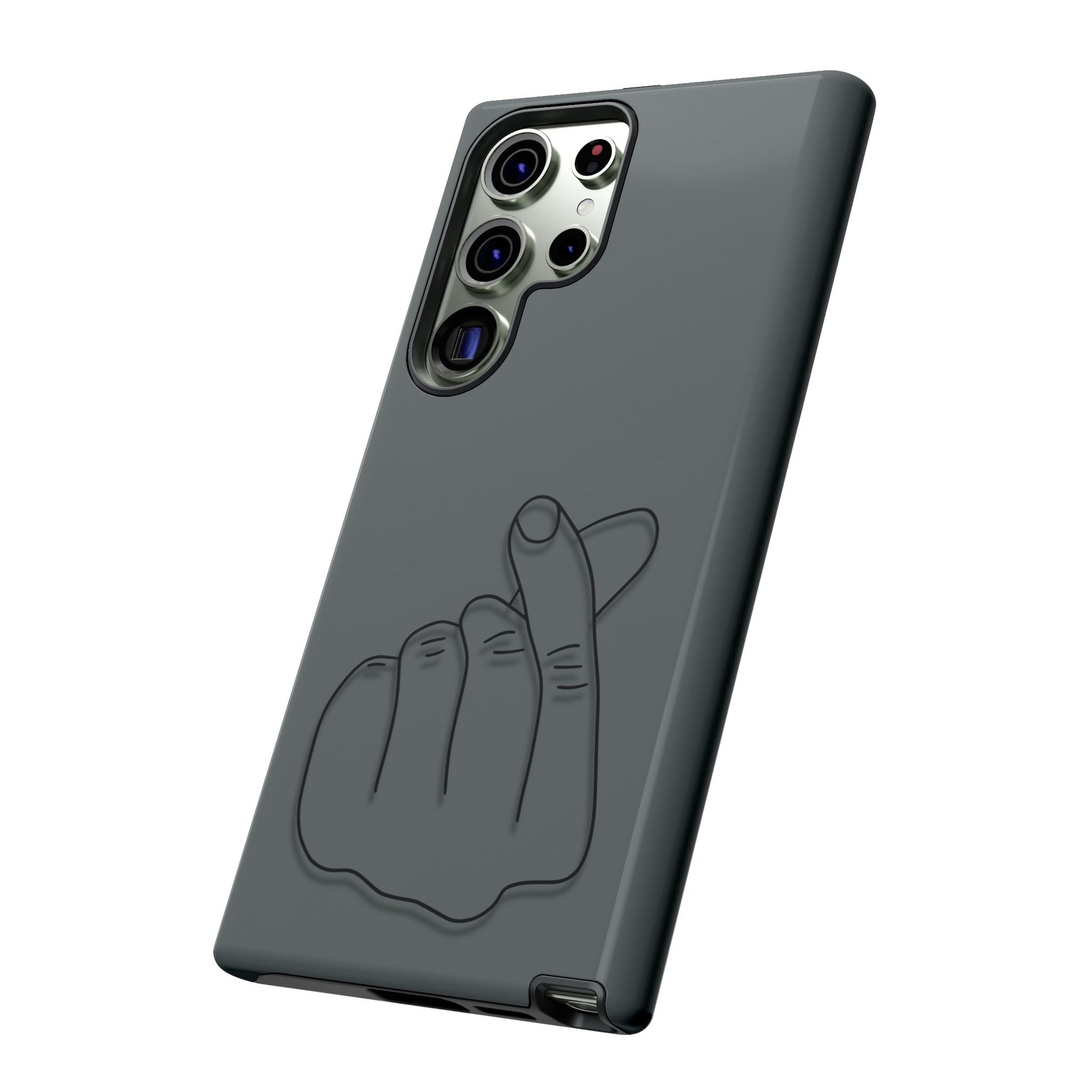 Silicone phone case with embossed Korean finger heart design, compatible with smartphones, by Printify.