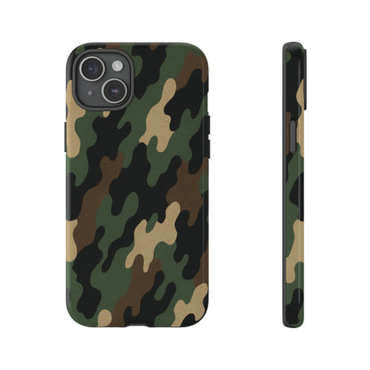 Camouflage tough phone case by Printify with rugged camo design protecting a smartphone from drops and scratches.