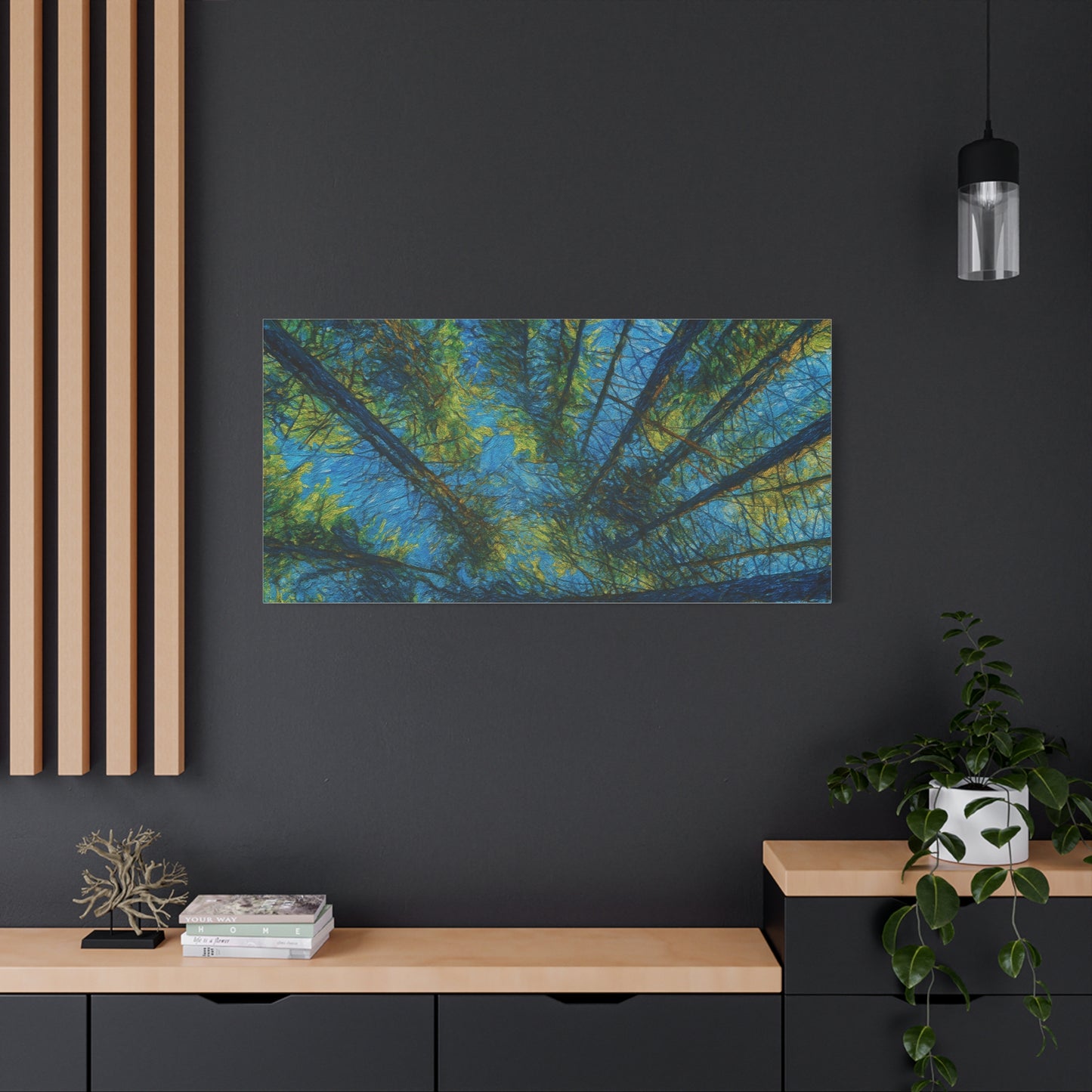 Forest Canopy Matte Canvas Wall Art — Upward View of Trees, Blue & Green Nature Print