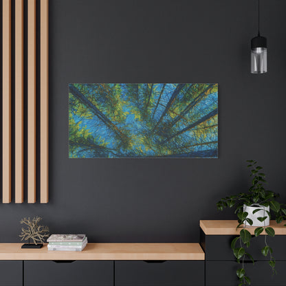 Forest Canopy Matte Canvas Wall Art — Upward View of Trees, Blue & Green Nature Print