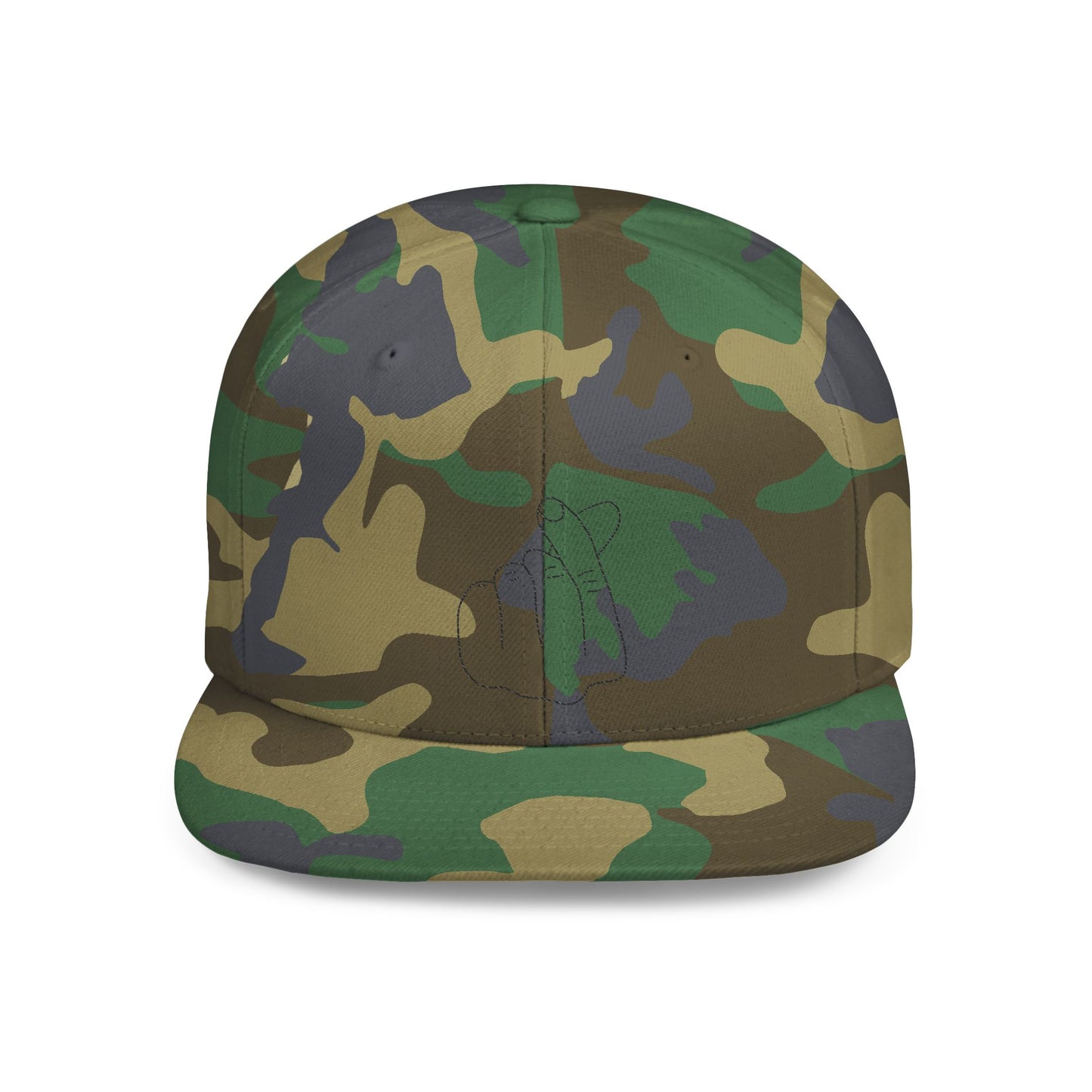 Minimalist hand gesture flat bill snapback hat by Printify, featuring a simple design and adjustable fit.