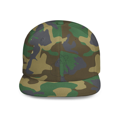Minimalist hand gesture flat bill snapback hat by Printify, featuring a simple design and adjustable fit.