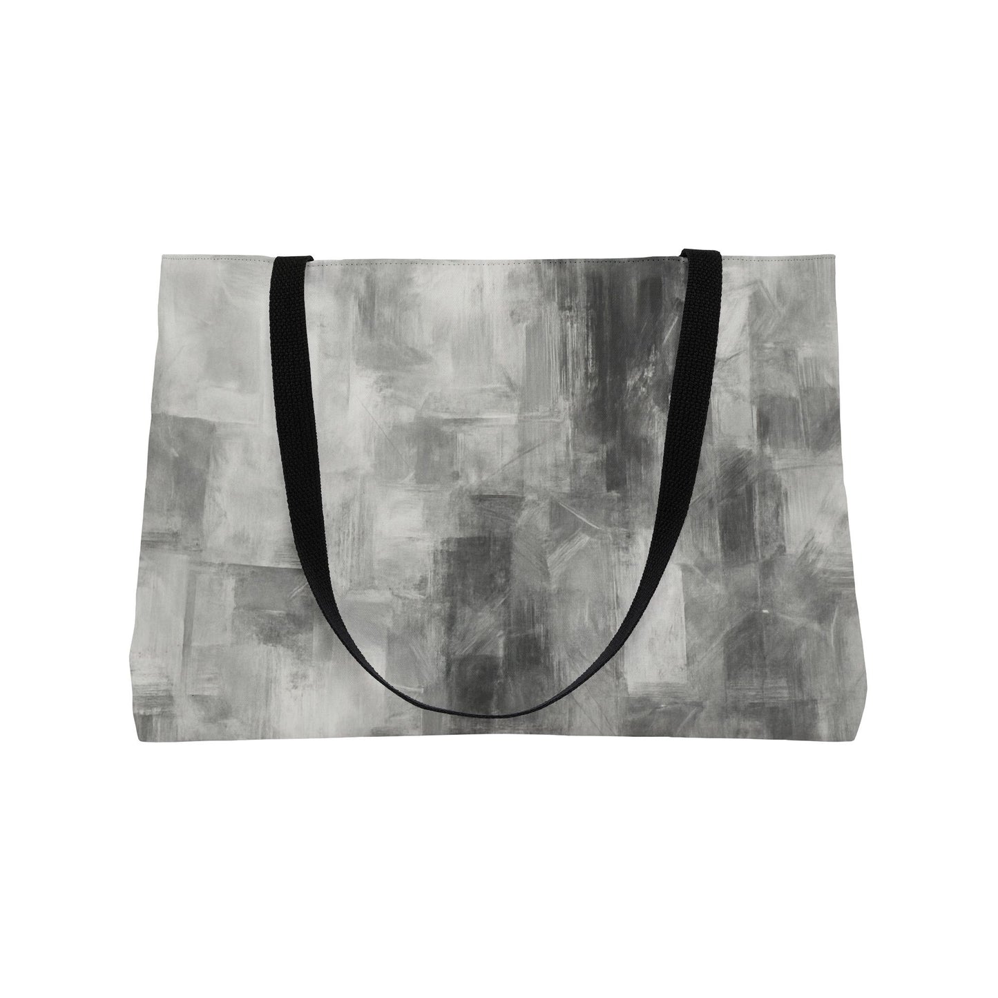 Gray abstract print weekender tote bag for women, stylish travel bag with spacious interior and sturdy handles.