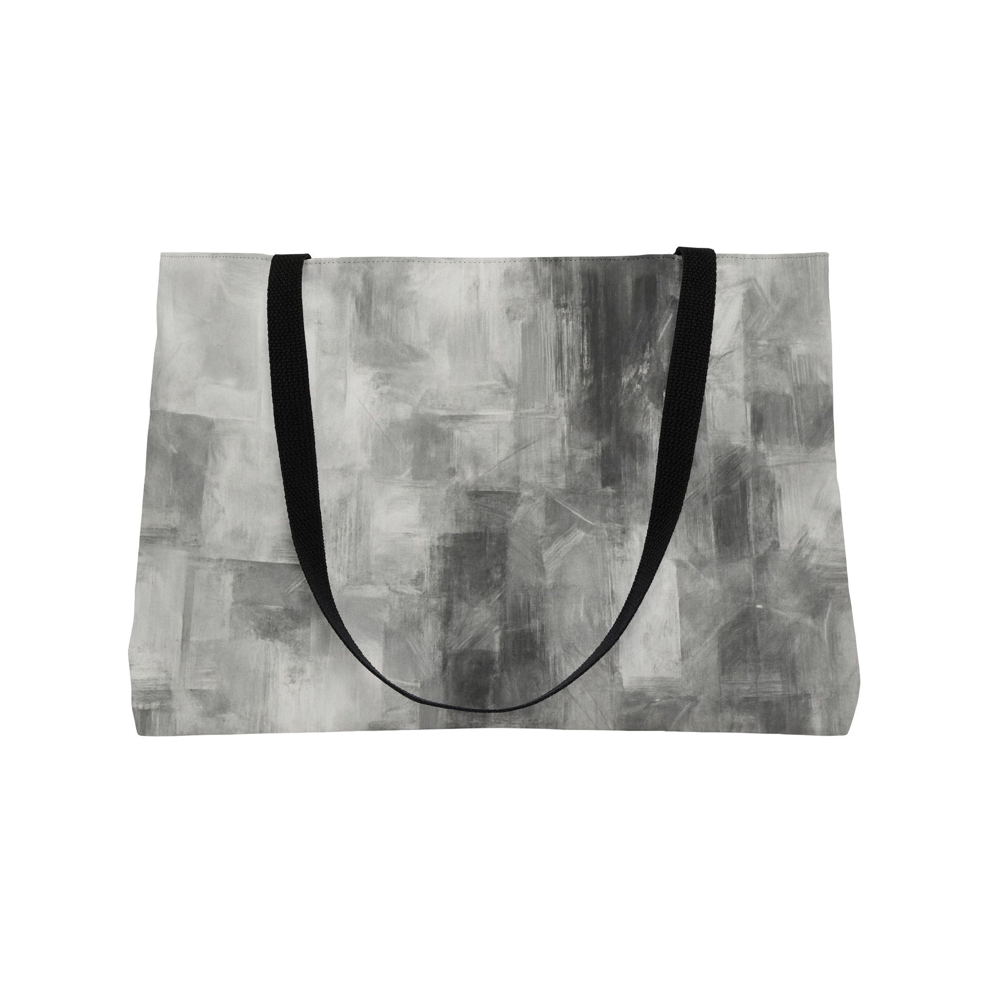 Gray abstract print weekender tote bag for women, stylish travel bag with spacious interior and sturdy handles.