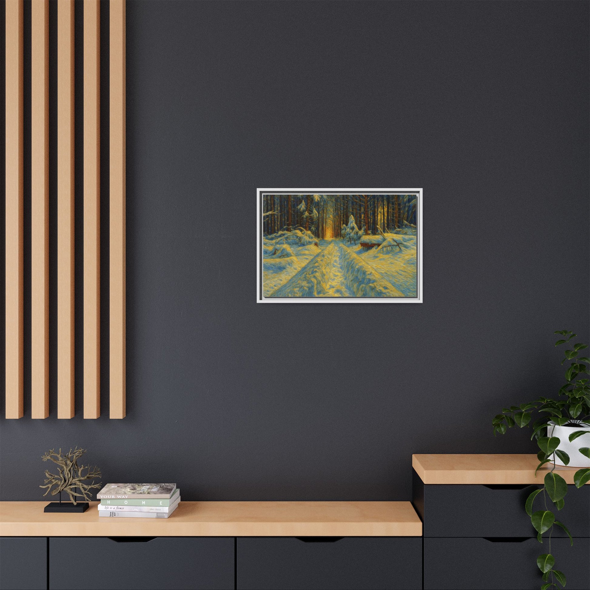 Framed matte canvas print of a snowy forest path during sunset, wall art by Printify showing winter landscape with trees.