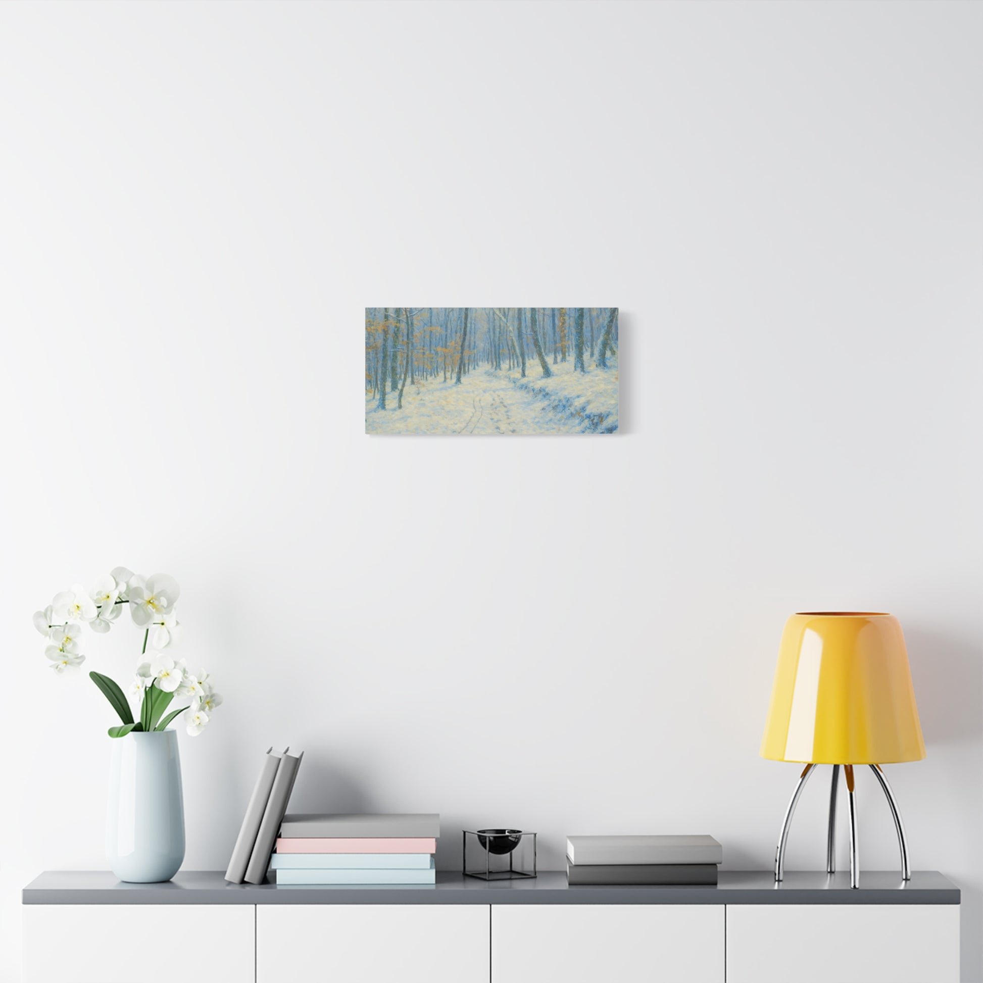 Winter woodland canvas print by Printify featuring a snowy forest scene on stretched matte wall art.