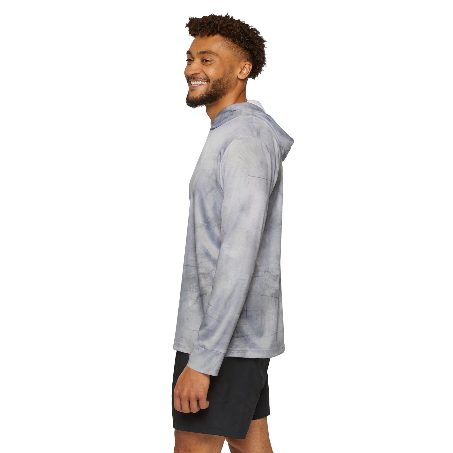 Men's gray tie-dye warmup hoodie with all-over print, athletic style, designed for comfort and casual wear.