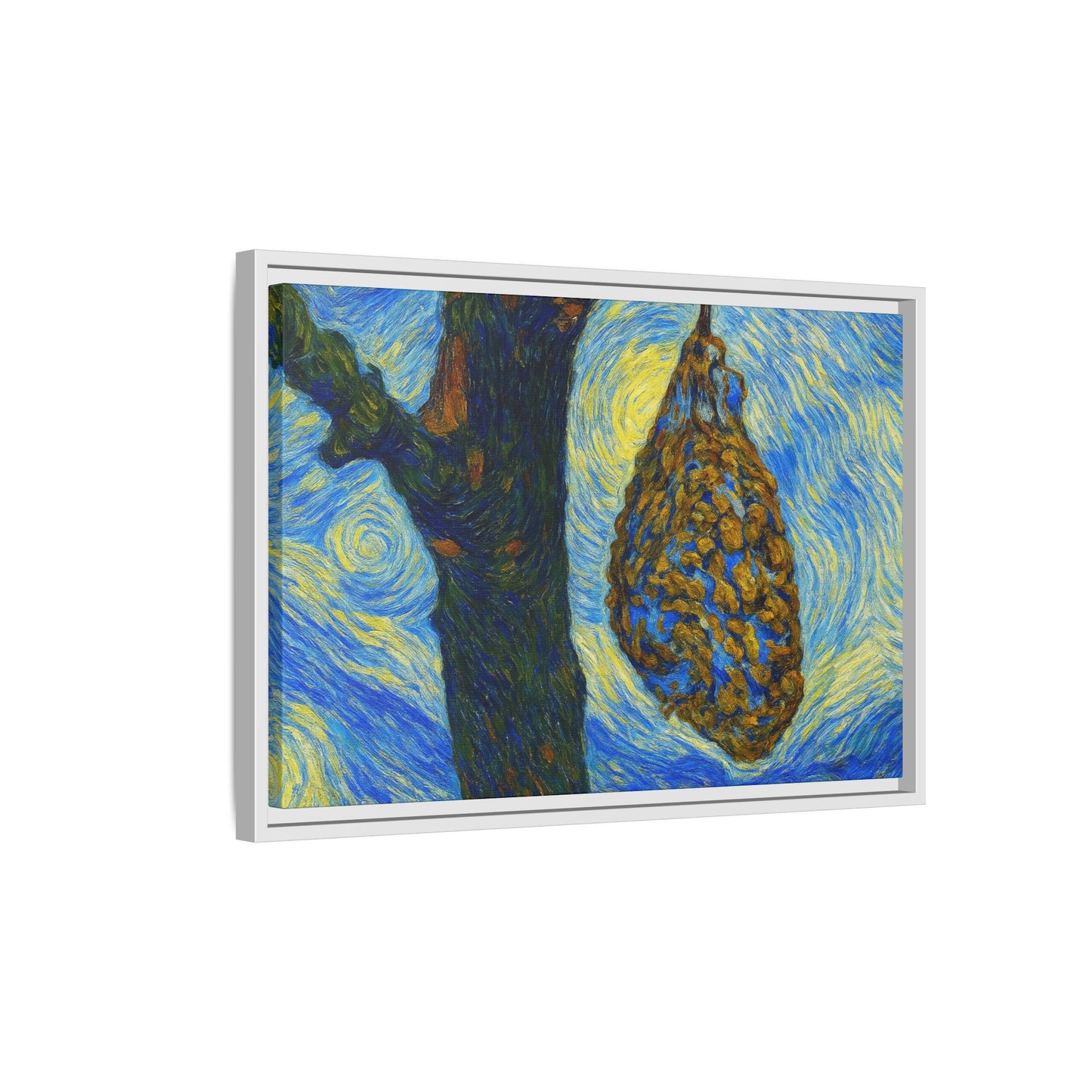 Framed matte canvas art of a starry nut cluster featuring dried plum colors, printed by Printify, displayed on a wall.