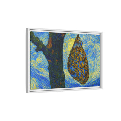 Framed matte canvas art of a starry nut cluster featuring dried plum colors, printed by Printify, displayed on a wall.