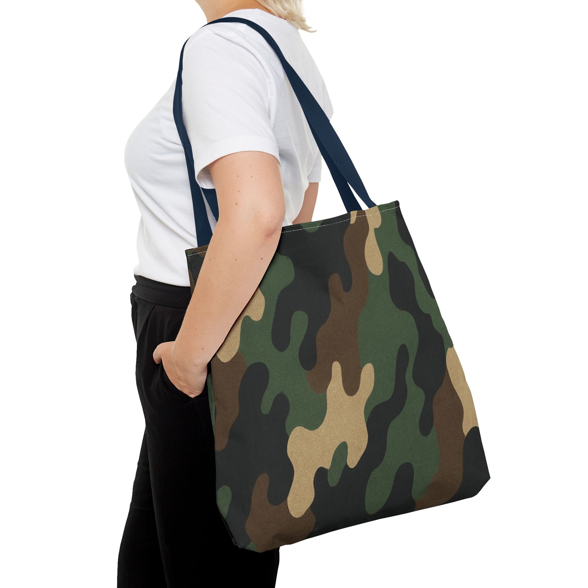 Camo pattern tote bag by Printify, all-over printed canvas carryall with camouflage design and spacious interior.
