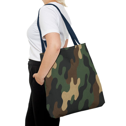 Camo pattern tote bag by Printify, all-over printed canvas carryall with camouflage design and spacious interior.
