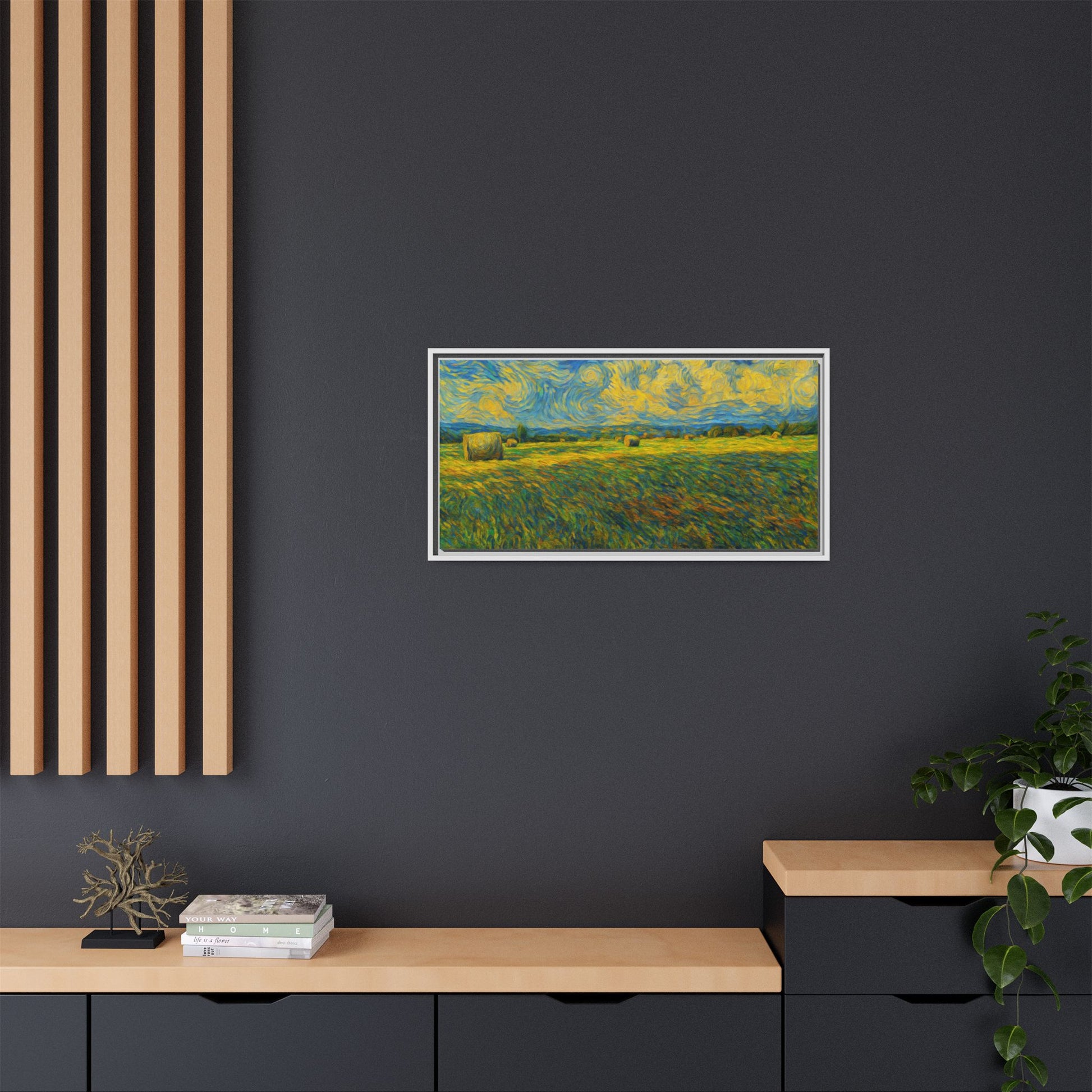 Framed landscape matte canvas print in vibrant multi-color tones by Printify, showcasing a scenic nature scene.