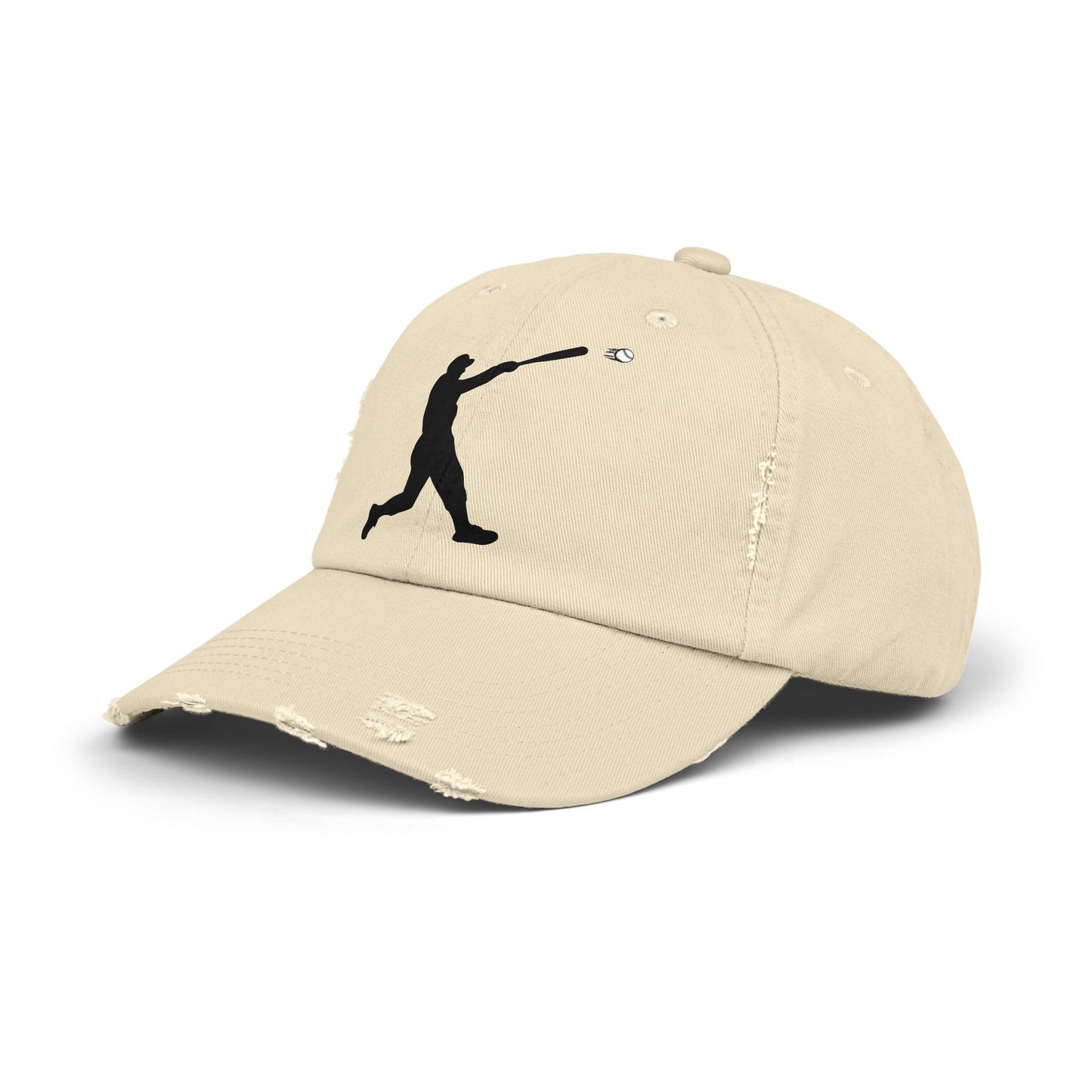 Distressed baseball cap with silhouette batter design, casual hat by Printify featuring a worn, vintage style.