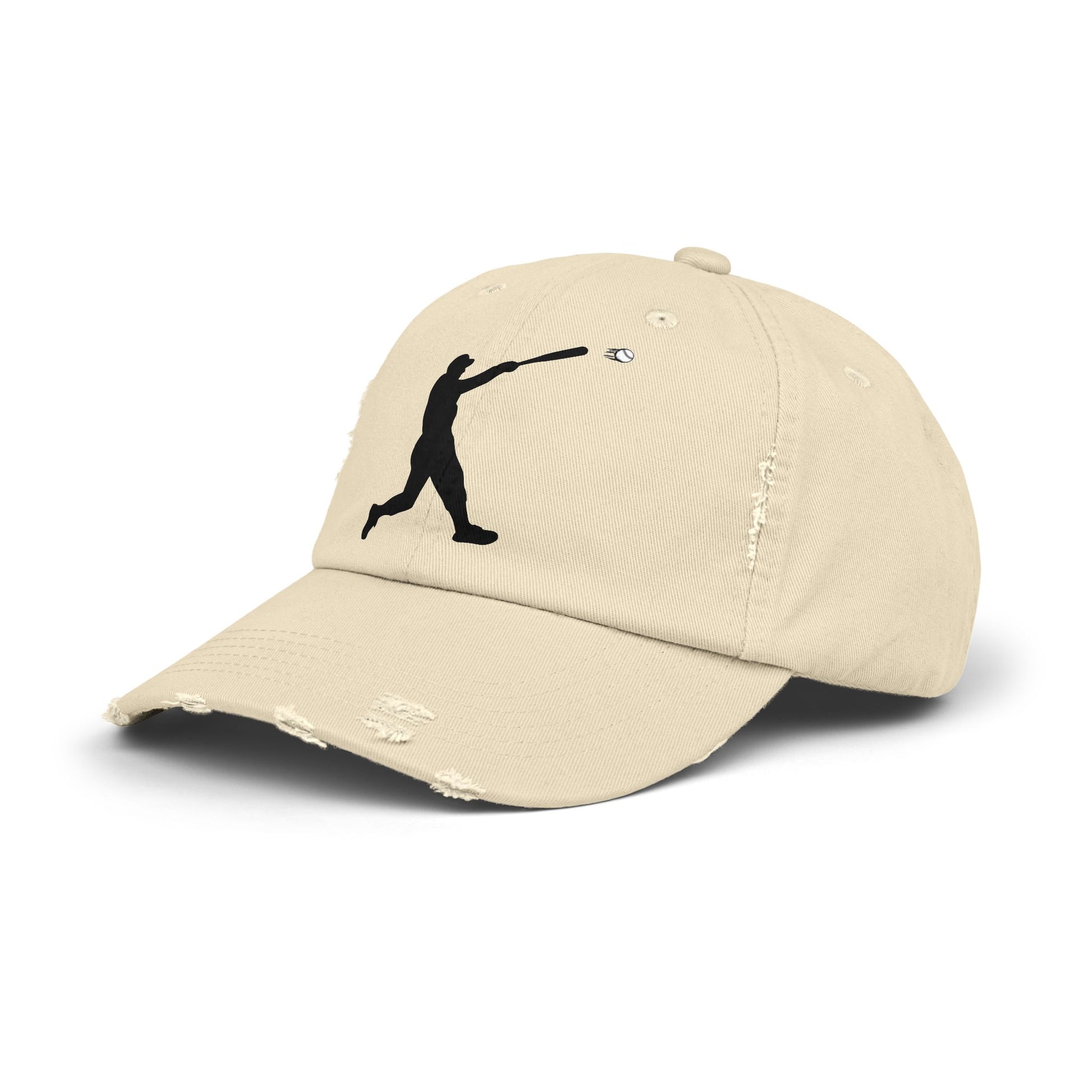 Distressed baseball cap with silhouette batter design, casual hat by Printify featuring a worn, vintage style.