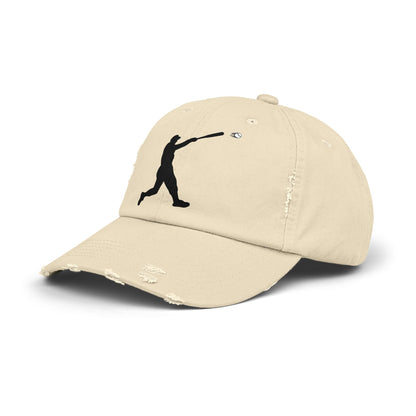 Distressed baseball cap with silhouette batter design, casual hat by Printify featuring a worn, vintage style.