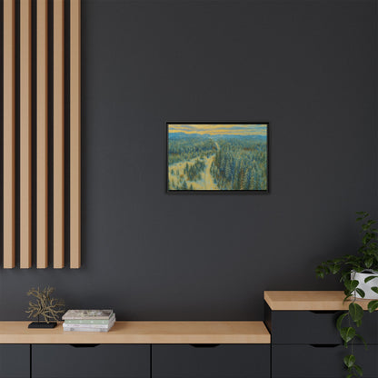 Framed matte canvas print of a tranquil winter forest landscape by Printify featuring snow-covered trees and a peaceful scene.
