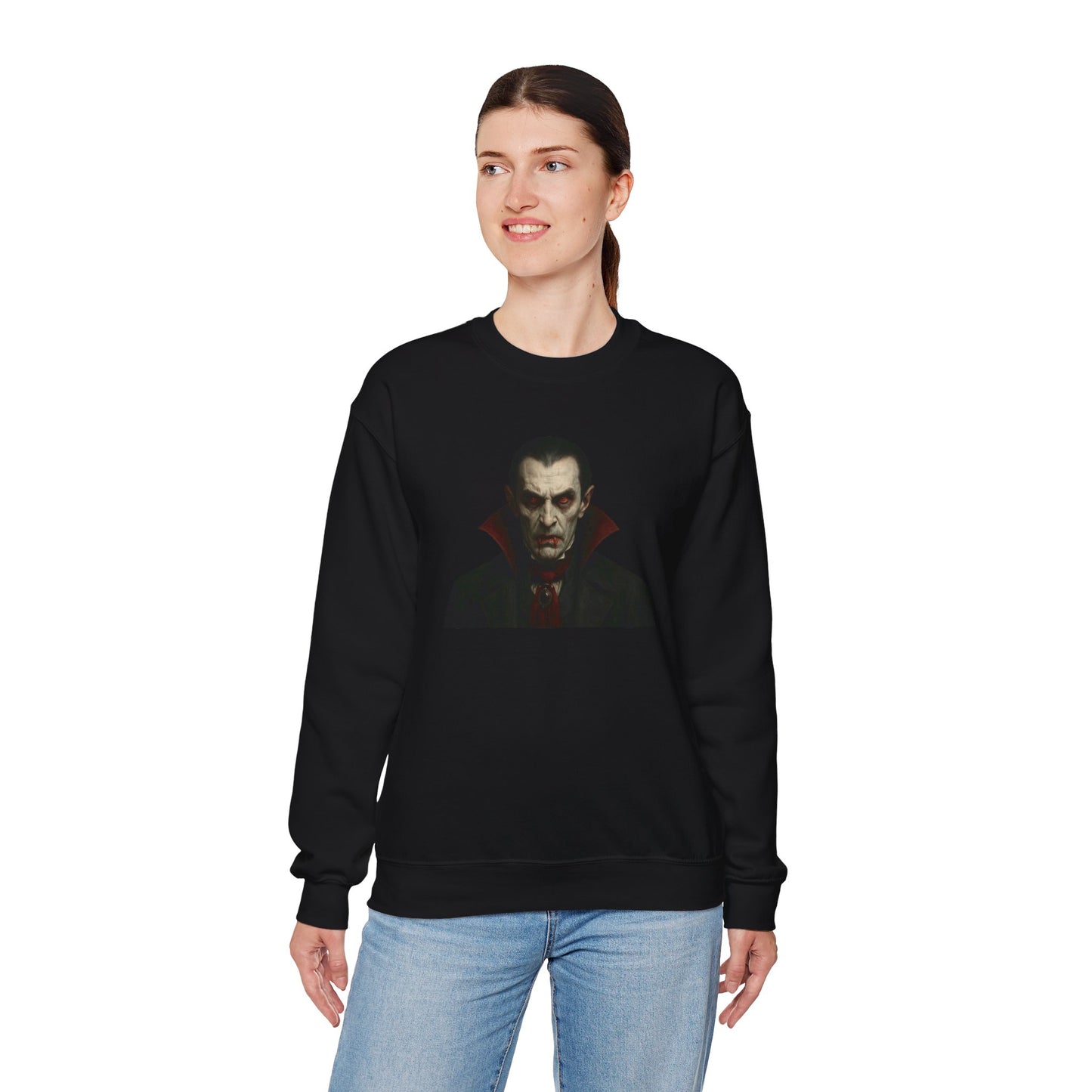 Black vampire portrait crewneck sweatshirt featuring a detailed vampire illustration on the front, by Printify.
