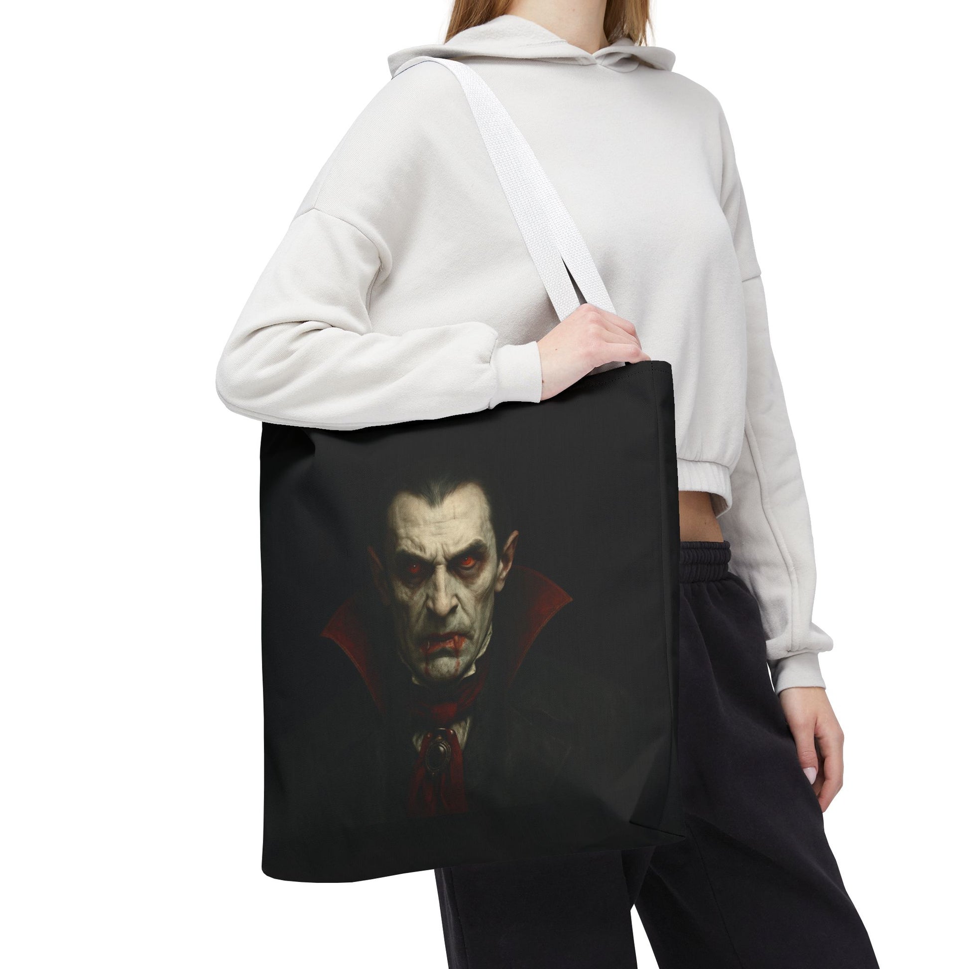 Black vampire-themed tote bag with spooky gothic design, perfect for Halloween accessories, made by Printify.