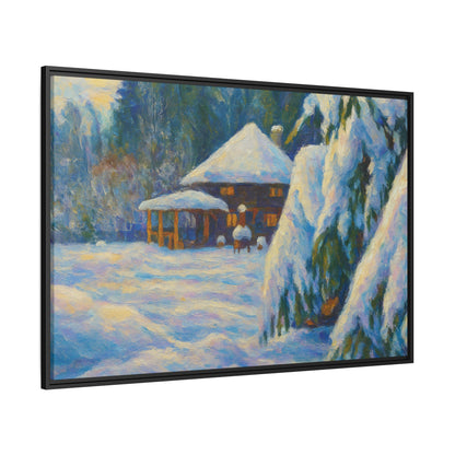 Framed matte canvas wall art featuring a snowy cabin winter landscape with trees and snow-covered ground.
