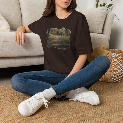 Vintage forest landscape T-Shirt by Printify featuring a nature pathway scene, with detailed woodland and pathway imagery.