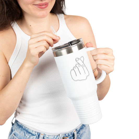 Printify 40oz insulated travel mug featuring a heart-finger hand gesture design, with a sleek, durable exterior and secure lid.