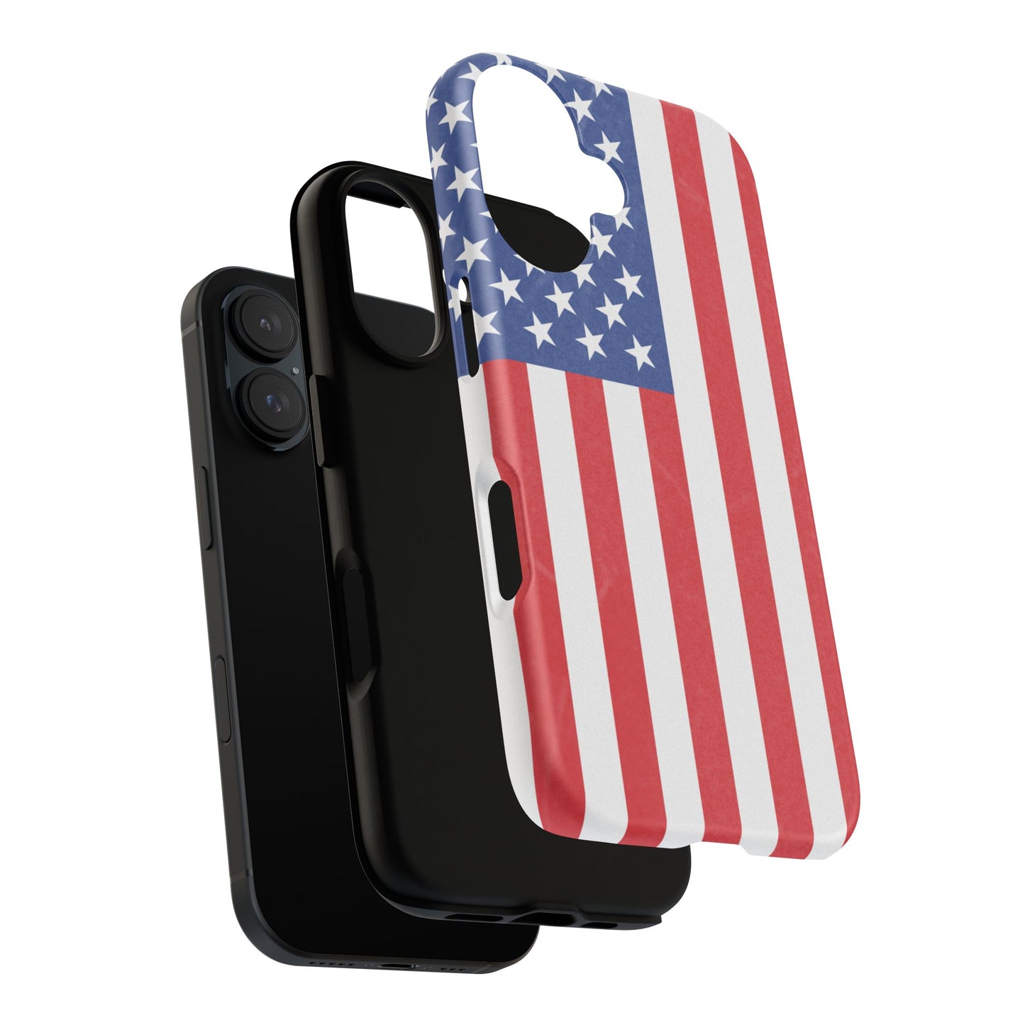 American flag tough phone case for iPhone and Samsung, patriotic protective cover with bold flag design from Printify.