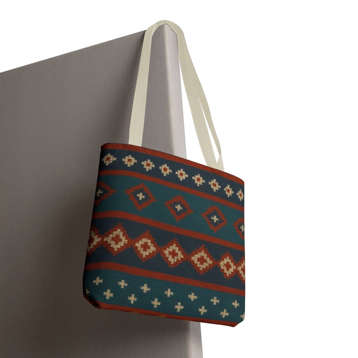 Southwestern diamond pattern tote bag with Aztec tribal geometric print, featuring sturdy handles and vibrant design.